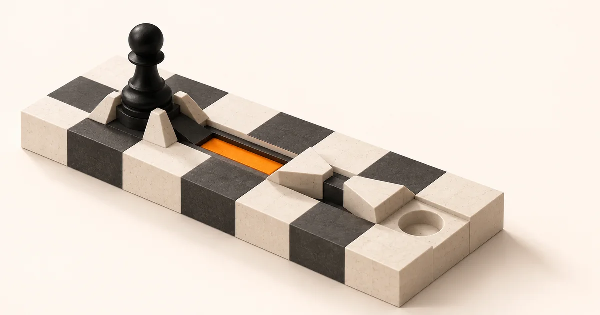 Position d’échecs minimaliste en trois dimensions centrée sur un coin de pion noir avancé en d4, entre des pièces blanches contenues.