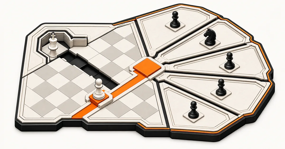 Um peão f branco avança sobre um atlas tático de decisões, controlando uma casa central laranja enquanto expõe uma diagonal escura e cinco setores de resposta das Pretas.