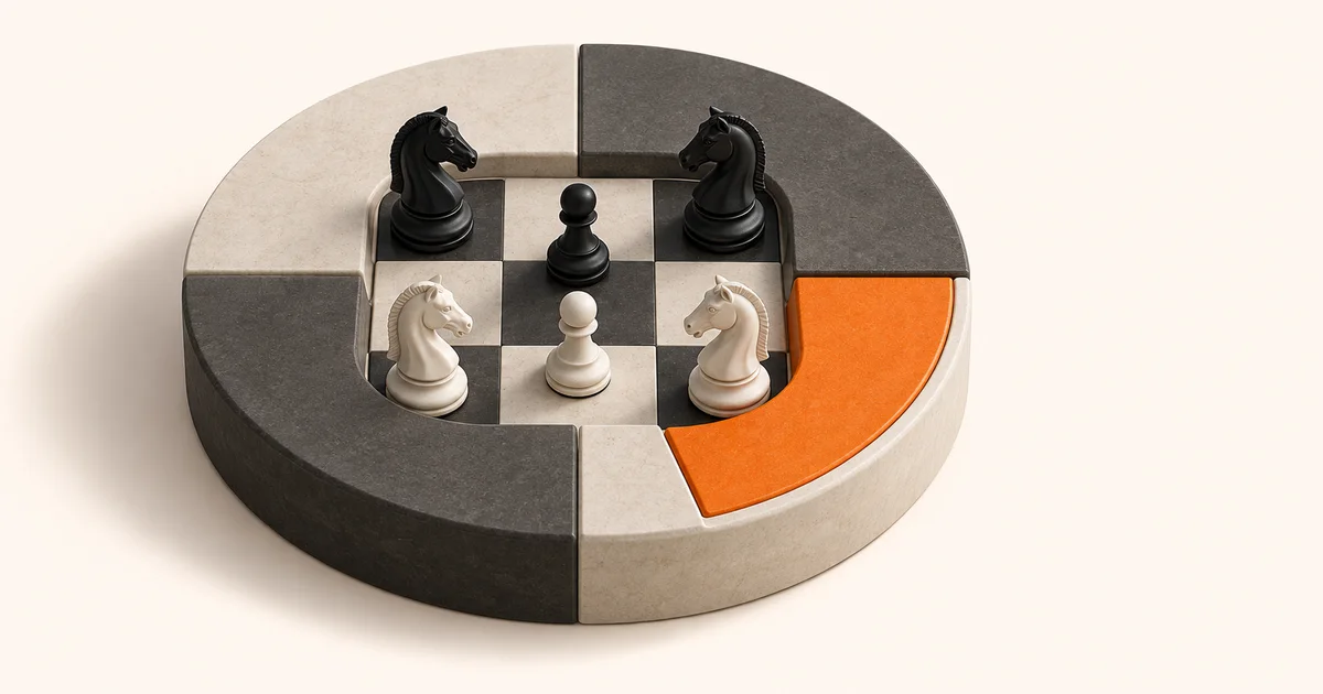 Four chess knights and two central pawns arranged on an ivory decision compass, with one orange wedge marking the next opening choice.