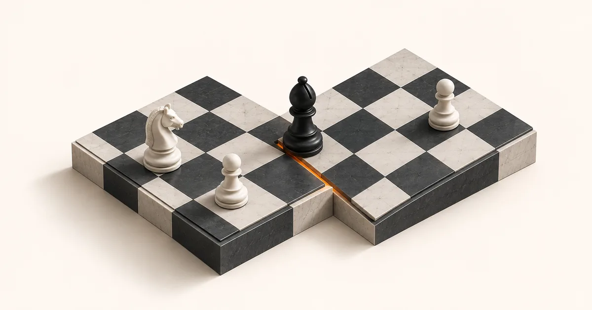 Bispo preto mate sobre um fólio de xadrez minimalista em pedra que se ramifica em dois planos diagonais, com um cavalo branco e peões evocando a Defesa Índia da Dama.