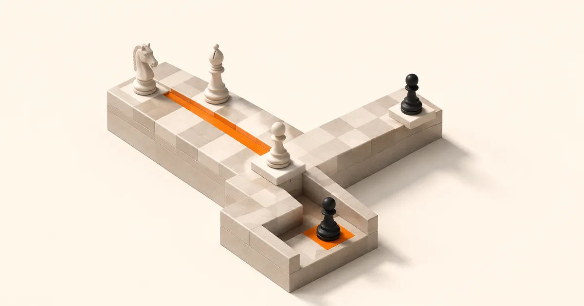 Pátio de xadrez 3D minimalista com um peão branco oferecido, dois caminhos e uma linha laranja até às peças ativas.