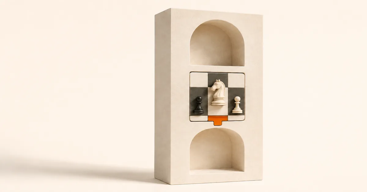 Arquivo minimalista de xadrez em 3D no qual uma peça que simboliza uma posição vienense fica presa a um único ramo por uma chave de roteamento laranja.