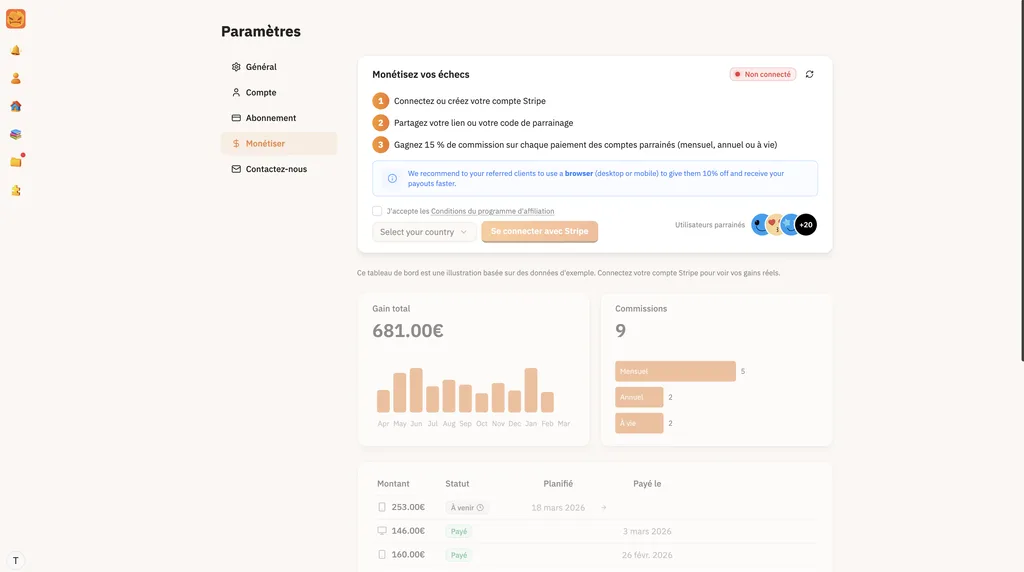 ChessFlare creator application dashboard